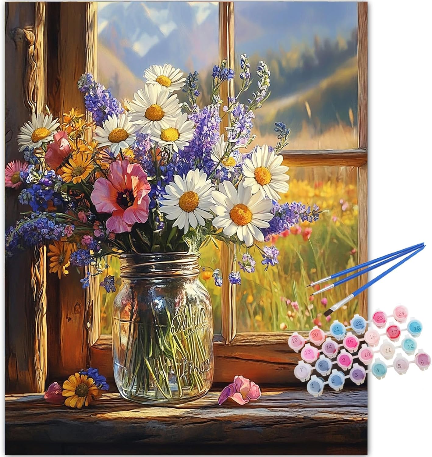 Flowers Paint by Numbers Kit for Adults,Flower Bouquet on a Sunlit Windowsill Paint by Number Canvas Kit,Acrylic Adults' Paint-by-Number Kits Floral 16x20inch (Without Framed)