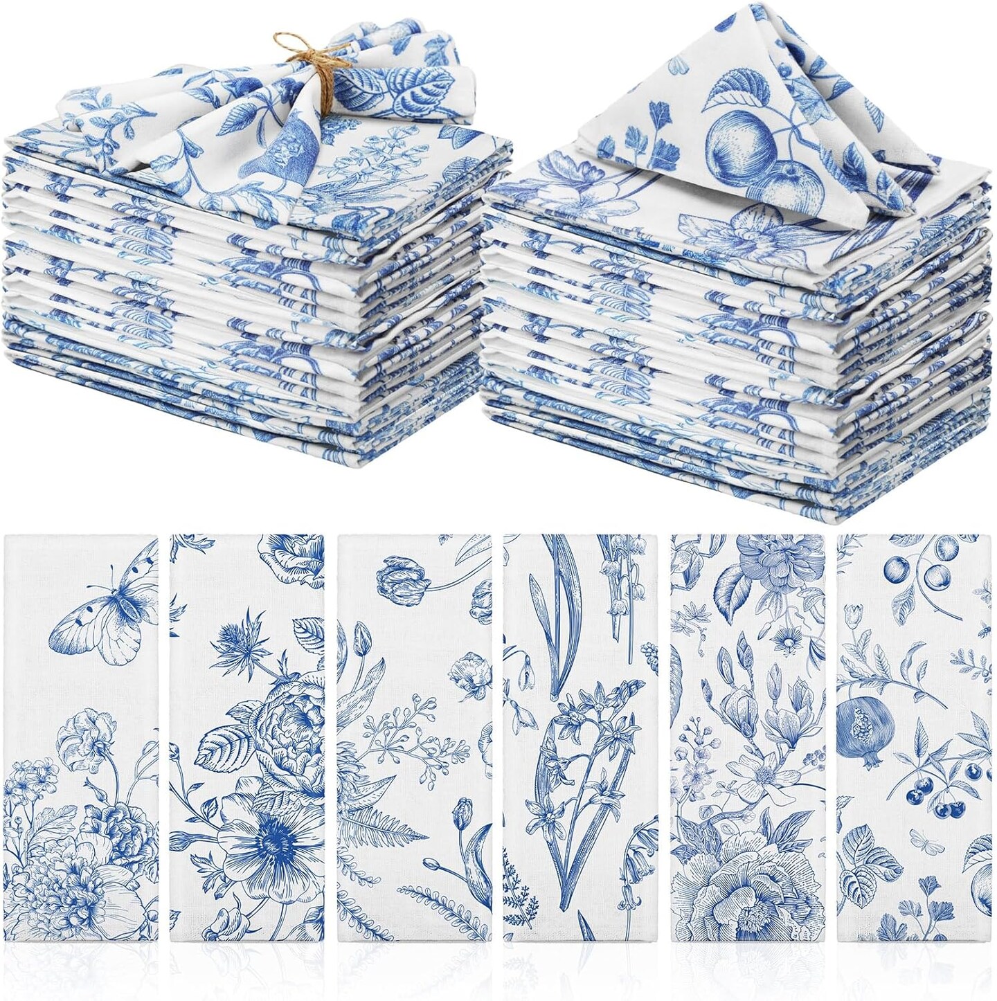Set of 24 Blue & White Floral Cloth Napkins, 15×15 in, Cotton, Washable & Reusable