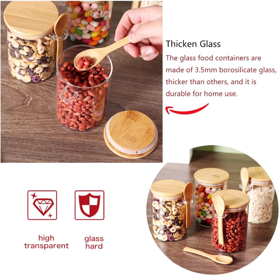 Glass Jars with Bamboo Lids and Wooden Spoons Set of 4, Coffee Tea Sugar Container Set for Loose Tea Canister Storage, Overnight Oats Containers with Scoop for Seasoning, Coffee, Yogurt