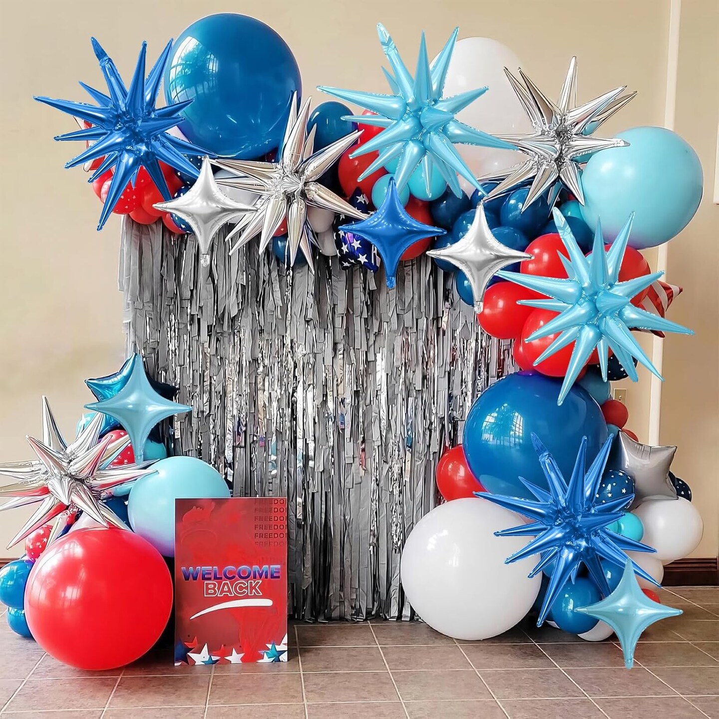 Blue Silver Star Balloons,Explosion Star Balloons Kit with 6Pcs 22Inch Cone Star Foil Balloons and 10Pcs 10Inch Four Pointed Star Balloons