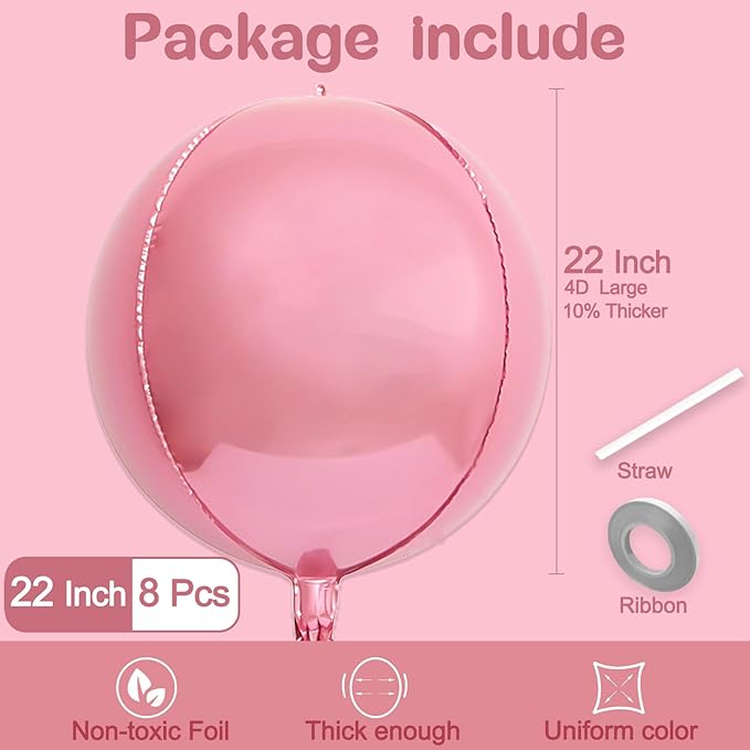 8 Pcs Pearl Pink Balloons, 22 Inch Large 4D Round Chrome Metallic Foil Mylar Balloons for Birthday Party Decorations Bachelorette Baby Shower Wedding Gender Reveal Pink Party Decorations Supplies
