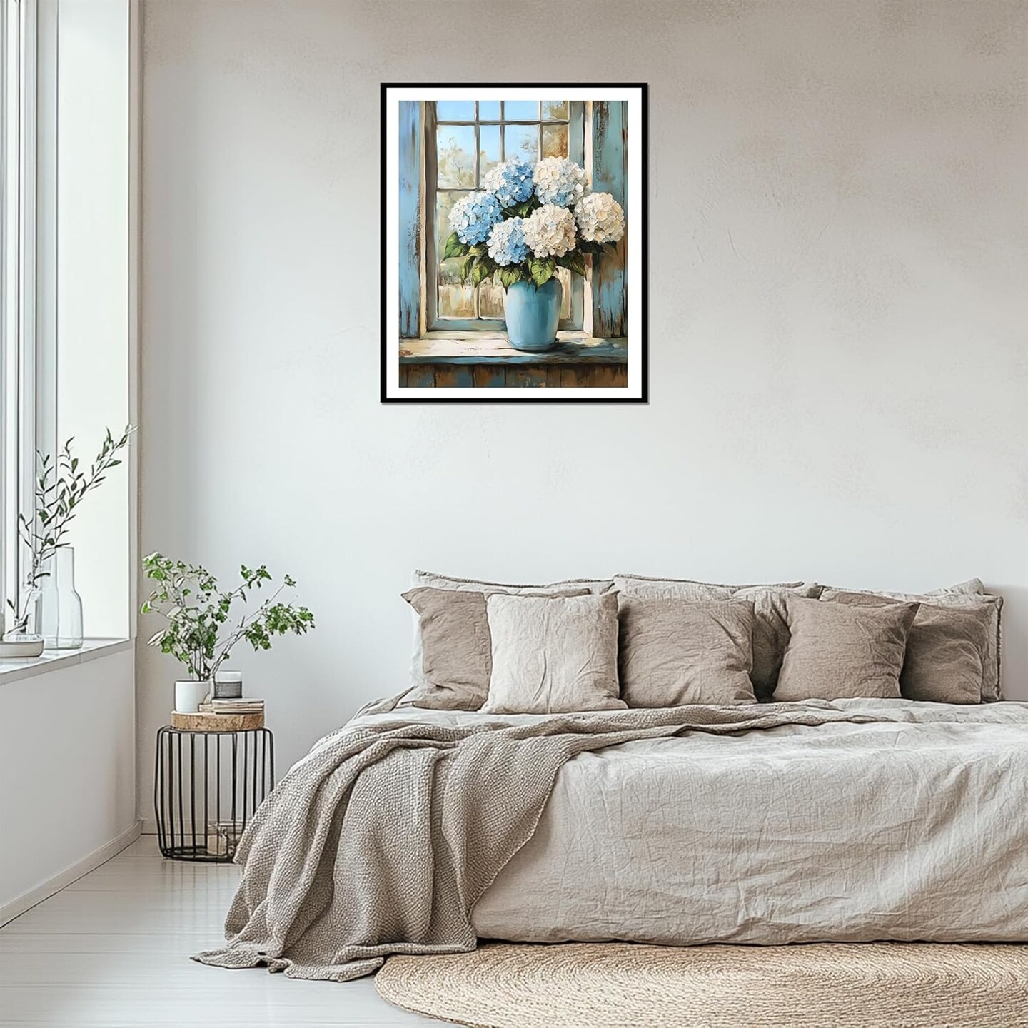 Hydrangeas Paint by Number, Rustic Window Blue Flowers Paint by Numbers for Adults,Easy Acrylic Adults Beginner DIY Oil Painting on Canvas for Gift, Floral Home Wall Decor