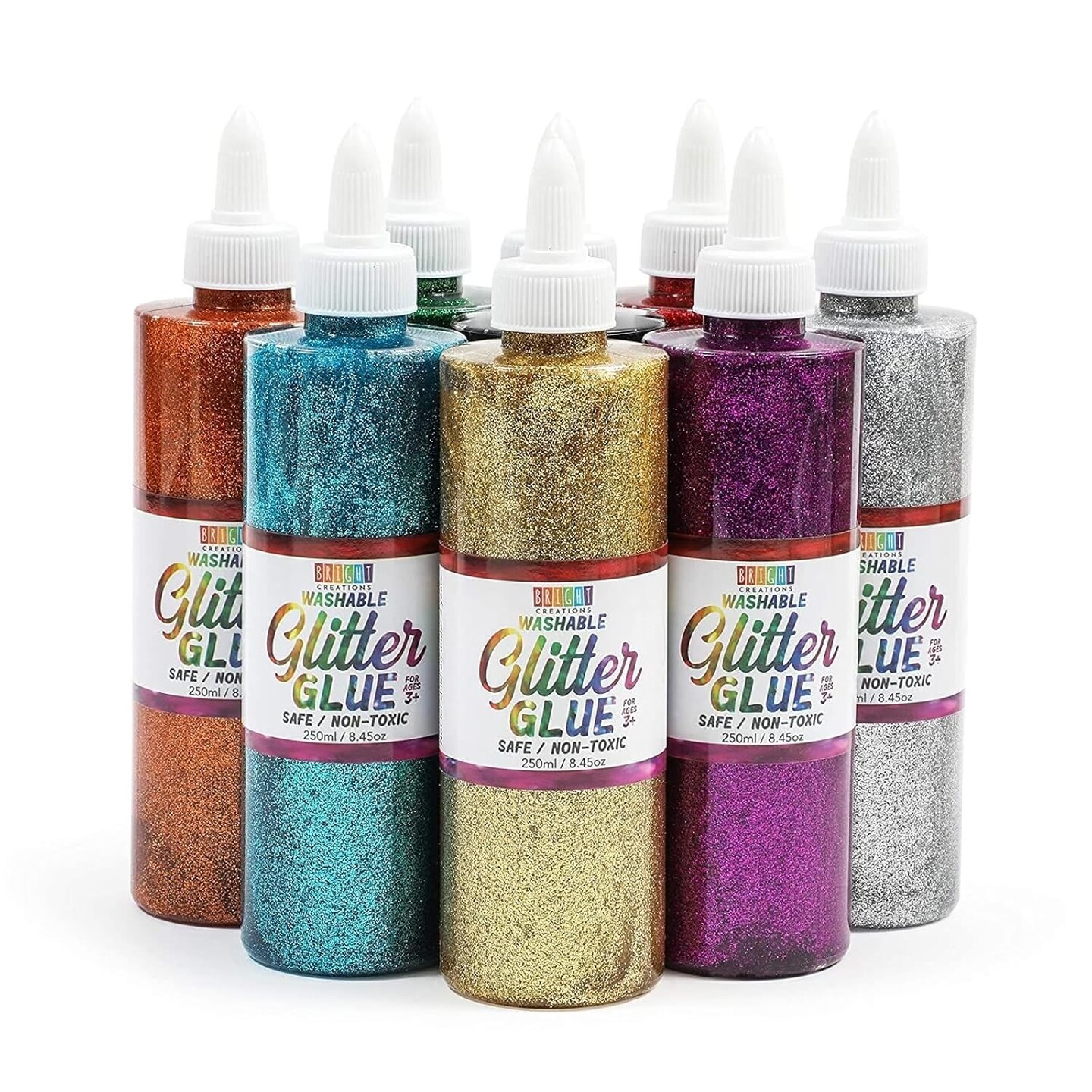 8 Pack Metallic Art Glue with Glitter Bottles - Multicolor for Crafts (8 oz, 16 Caps)