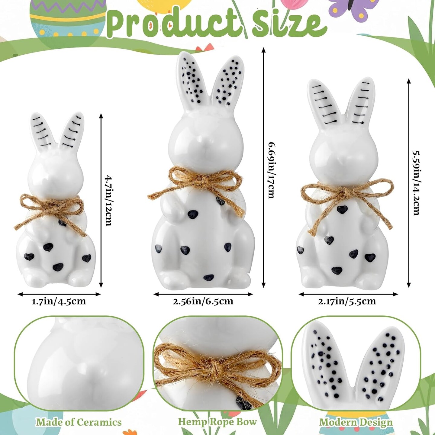 3-Piece Easter Ceramic Bunny Figurine Set – White Porcelain Rabbits with Polka Dots, Modern Elegant Table Centerpieces for Spring, Easter Gifts & Home Décor