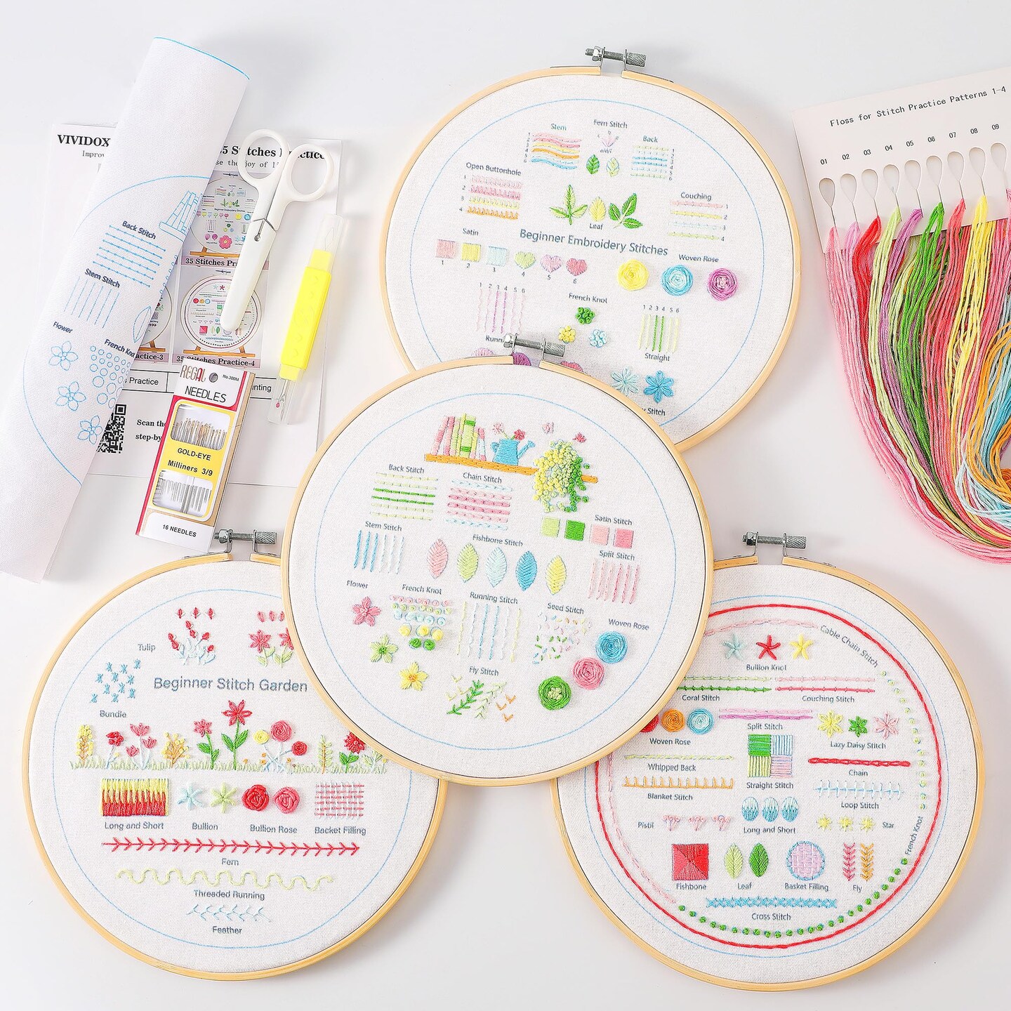4 Sets Embroidery Kit for Beginners Adults, 35 Stitches Practice Kits Cross Stitch for Starter, DIY Hand Craft with Stamped Pattern, Bamboo Hoop, Threads, Needles, Scissors, Tools, Instruction