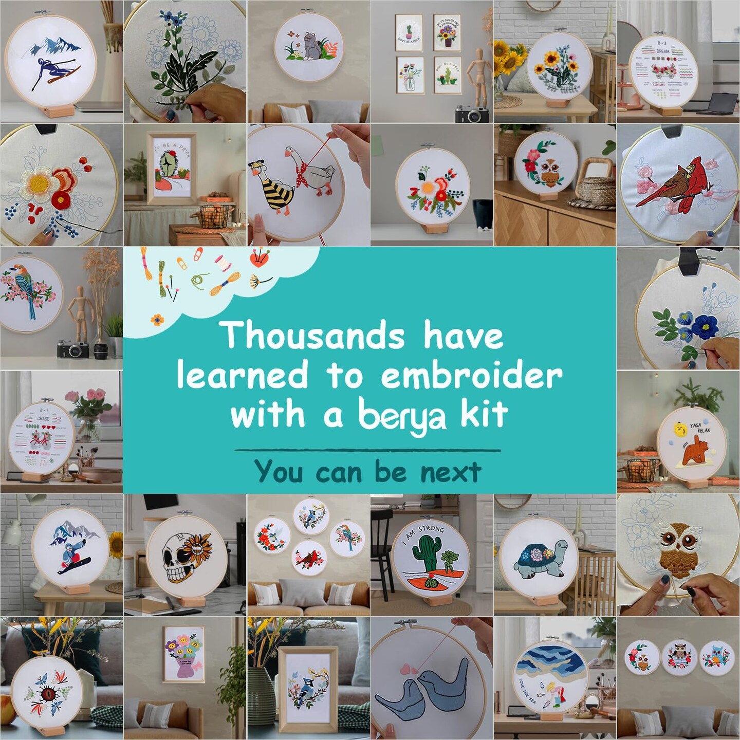 Embroidery Kit for Adult Beginners,Skiers Snow Mountain Embroidery Kit with Step-by-Step Instructions & Video,Printed Cloth,7.87" Hoop,Display Stand,Color Threads and Tools for Craft Lover(BES011)