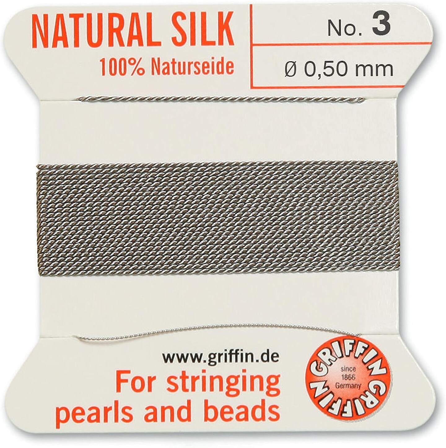 Griffin Silk Bead Cord Perlseide – Size 3 (0.50mm) – 2 Meters per Card – Stainless Steel Needle Attached – for Knotting Pearls, Gemstones, Crystals and Beads