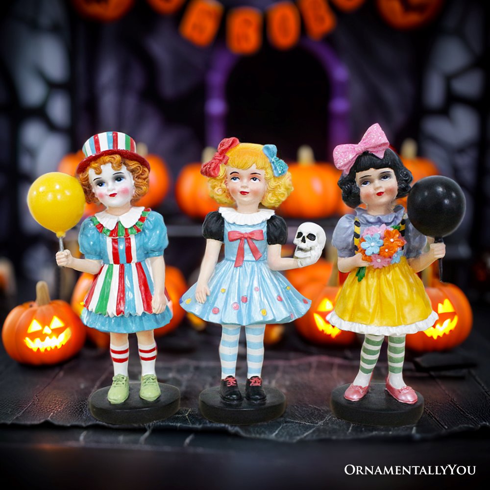 Spooky Victorian Masquerade Girl Trio, 6&#x22; Trick or Treat Clown Figurines and Hauntingly Elegant Halloween Decor