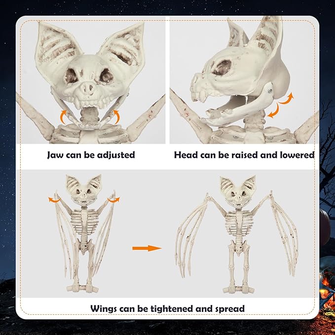Halloween Bat Skeleton, 11&#x22; Halloween Animal Skeleton, Horrible Bat Skeleton Simulation Bat Model Vivid Bat Skeleton with Moveable Jaw and Wing for Yard Garden Lawn