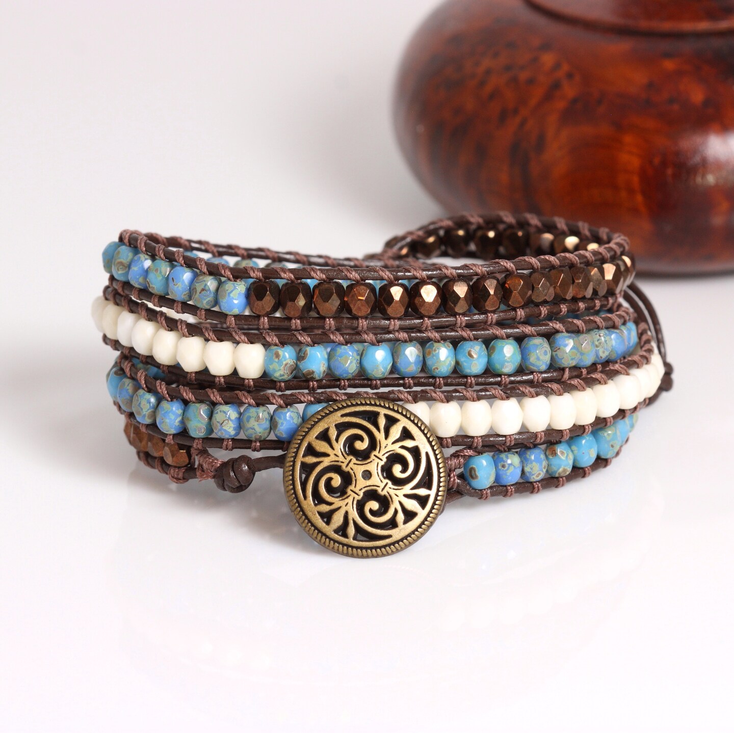 Boho Seed Beadturquoise Beads And Leather Wrap Bracelet 65d67b586da06ee049595758