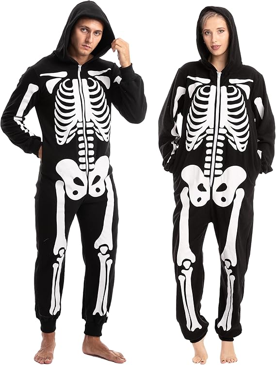 Skeleton Costume, Unisex Adult Skeleton Pajamas Plush Skeleton Hoodie Halloween