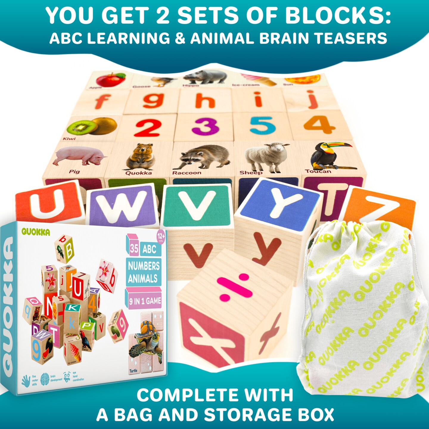 QUOKKA 35 Realistic ABC Montessori Wooden Blocks for Toddlers