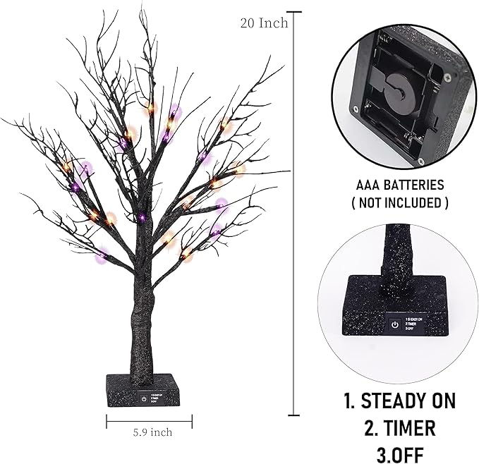 2FT Halloween Battery Operated Tree Lights with Spider Web and Spider, Indoor Table Desktop Holiday Decorations (Purple &#x26; Orange)