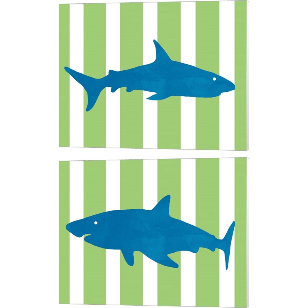 Blue and Green Shark by Linda Woods, 2 Piece Canvas Art Set 16x20 Inch