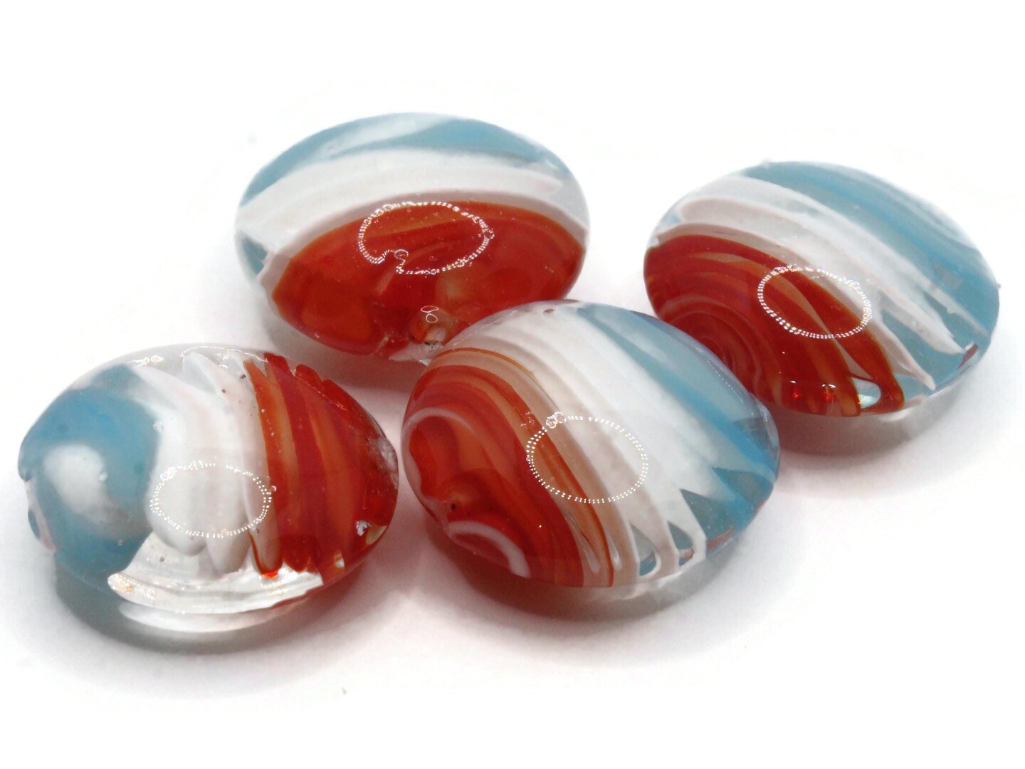 4 20mm Red White and Blue Swirling Coin Flat Round Lampwork Glass Beads