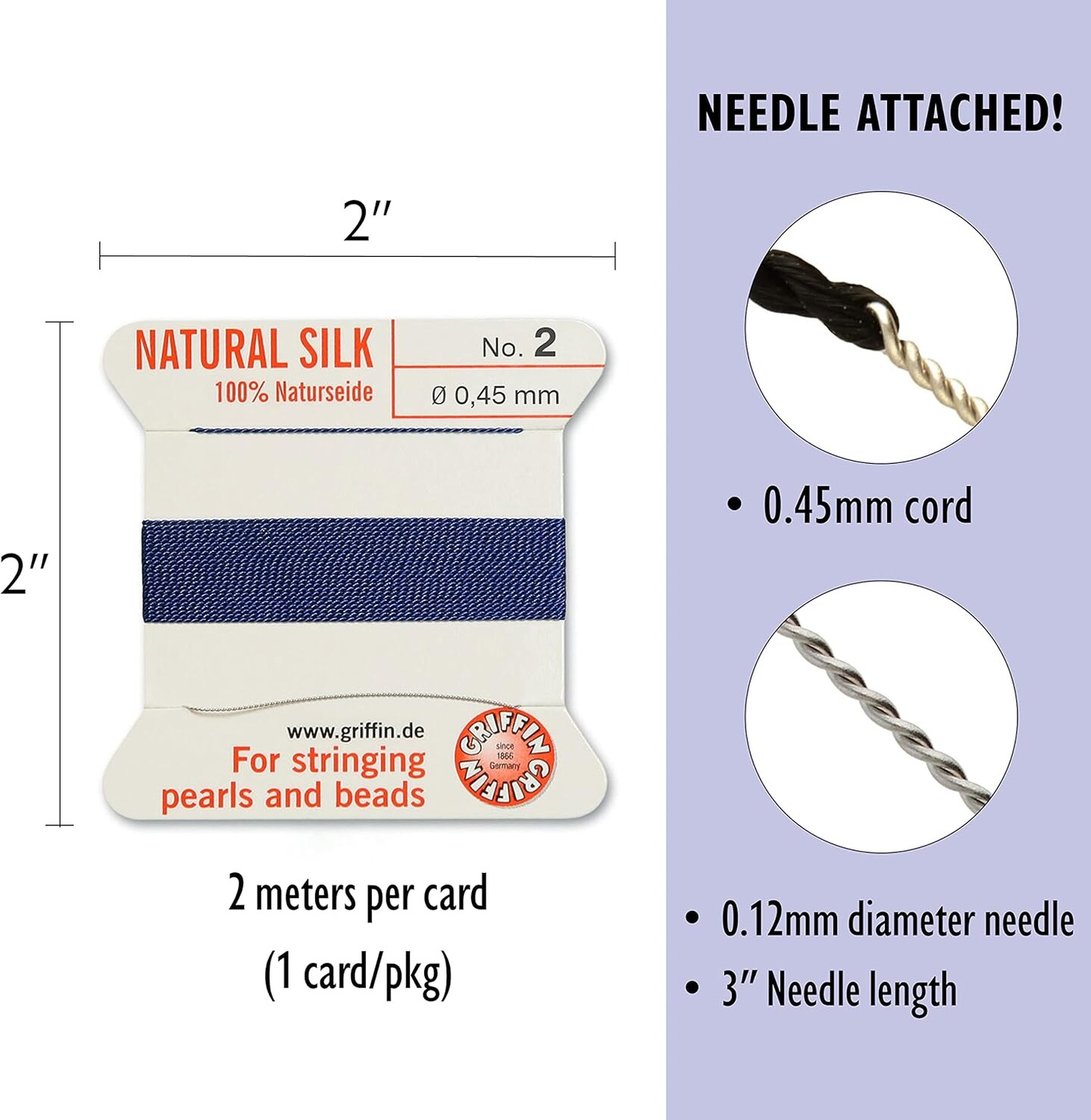 Griffin Silk Bead Cord Perlseide – Size 2 (0.45mm) – 2 Meters per Card – Stainless Steel Needle Attached – for Knotting Pearls, Gemstones, Crystals and Beads
