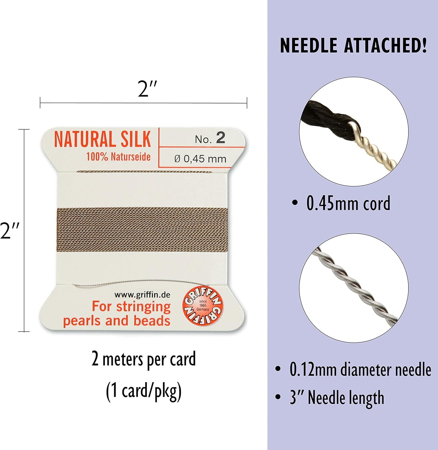 Griffin Silk Bead Cord Perlseide – Size 2 (0.45mm) – 2 Meters per Card – Stainless Steel Needle Attached – for Knotting Pearls, Gemstones, Crystals and Beads