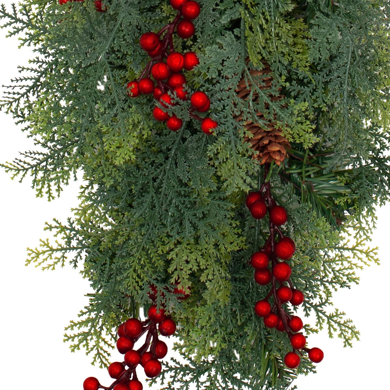 Haute Decor 20 Inch Pre-lit Classic Christmas Chairback Swag with Built-in Timer Artificial Berries, 15 Soft White Lights, and Real Pinecones