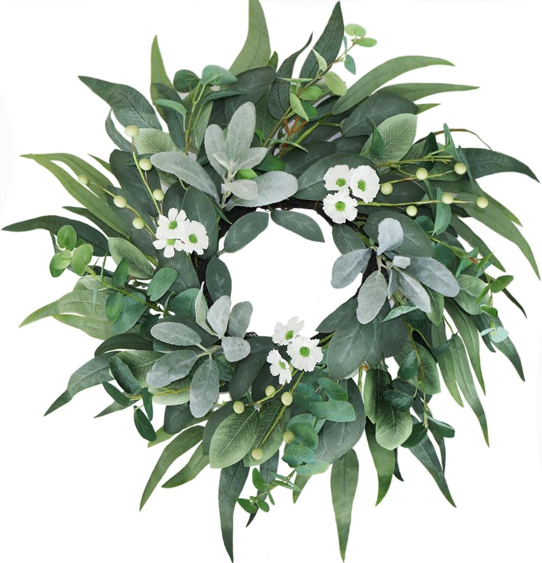 20" Green Eucalyptus Wreath with Lamb’s Ear & White Flowers – Lifelike Farmhouse Front Door, Window, and Porch Decor for Spring, Summer, and Winter