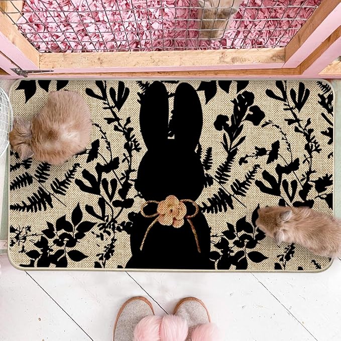 Black Rabbit Bunny Leaves Easter Doormat, Home Decor Low-Profile Switch Rug Door Mat Floor Mat for Indoor Outdoor 17x29 Inch