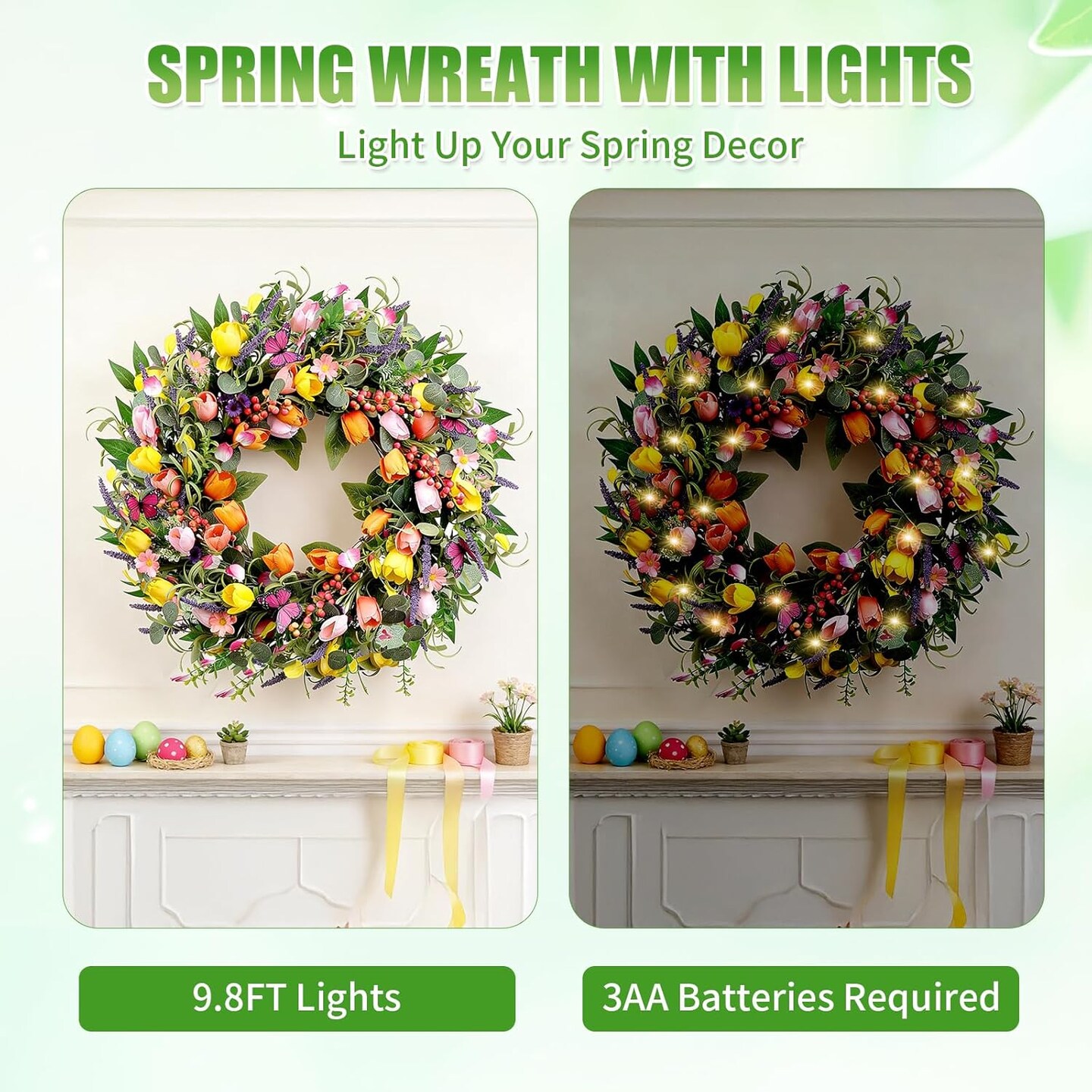 24-Inch Spring Tulip Wreath with LED Lights & Butterflies – Artificial Floral Front Door Wreath for Spring, Summer, Easter, Indoor & Covered Outdoor Décor
