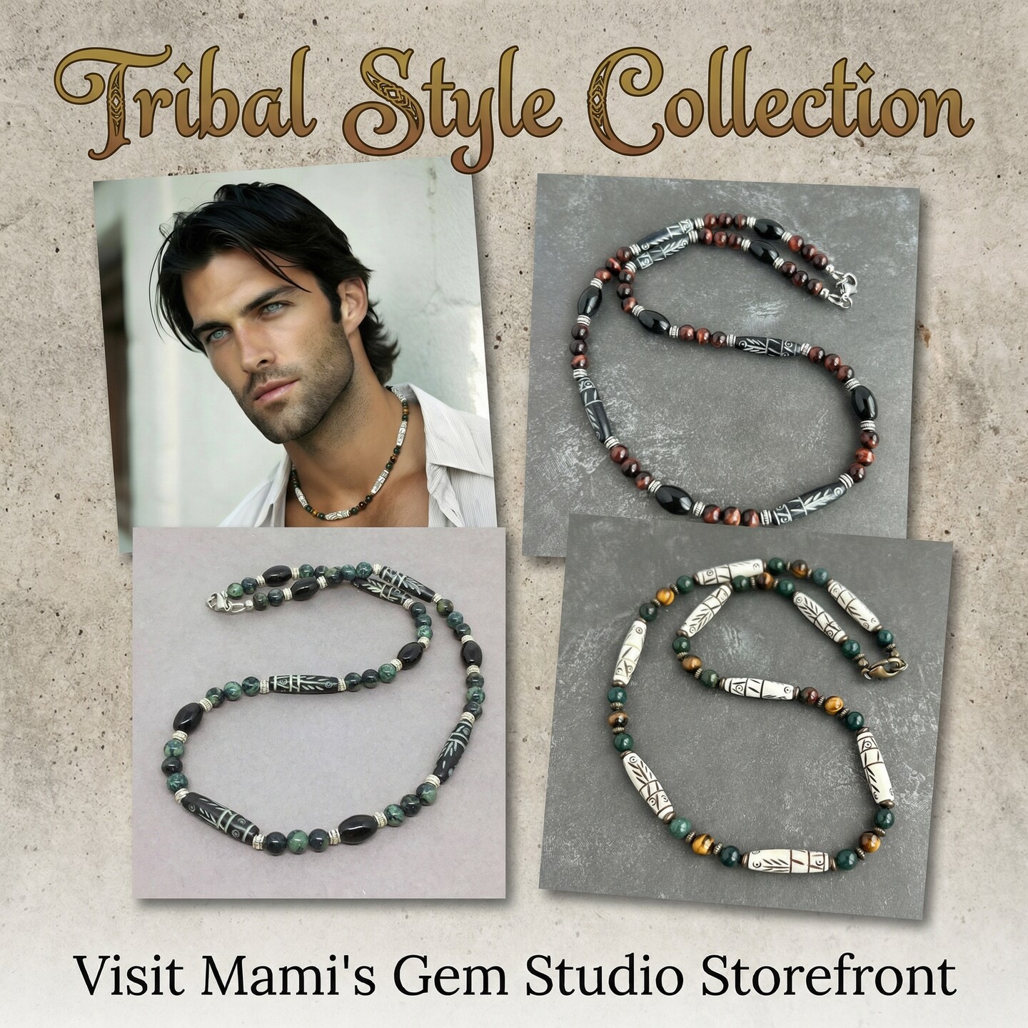 Tribal Style Men's Beaded Necklace - Carved Bone, Red Tiger Eye