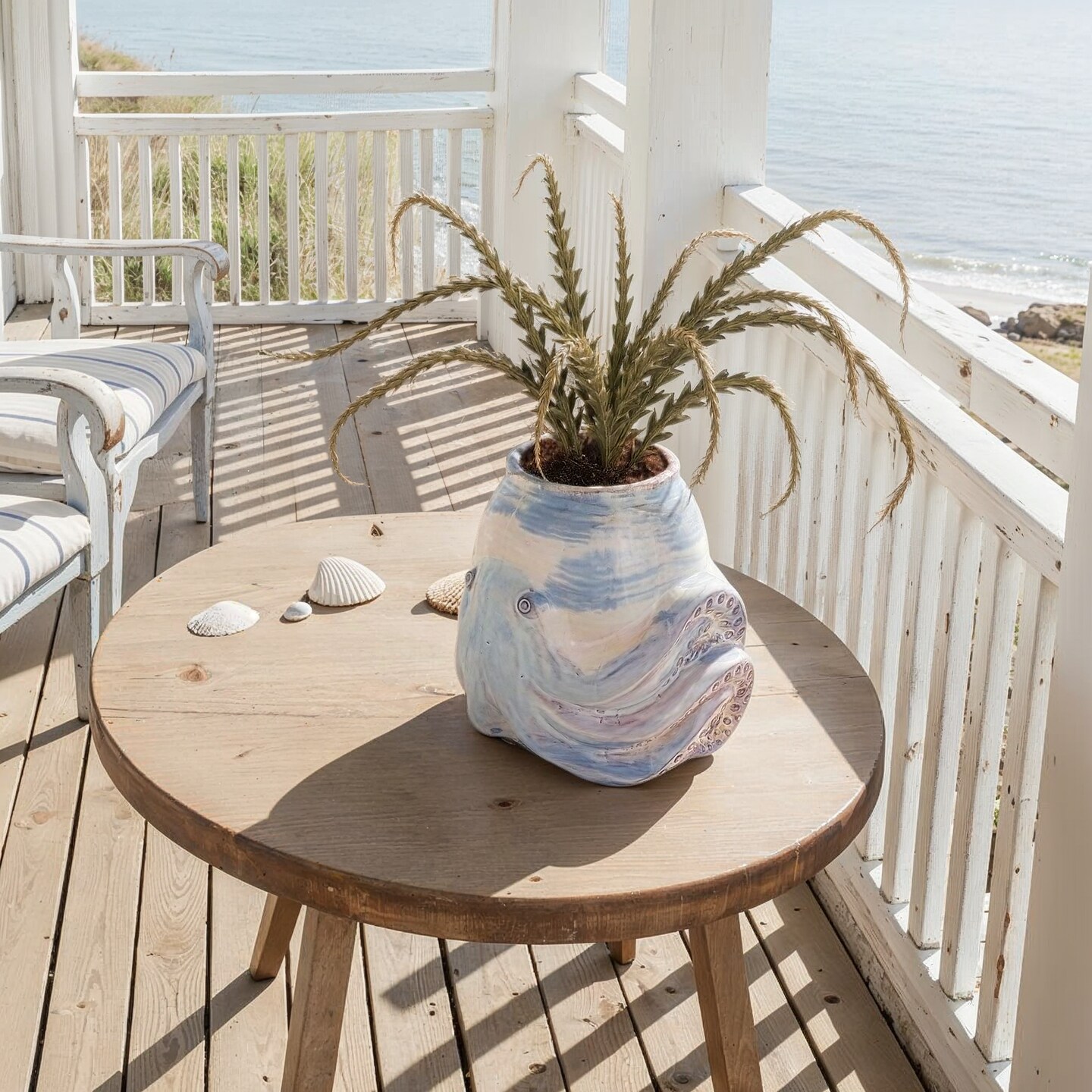 Hello Honey Stoneware Planter with Octopus Detail in Reactive Glaze, White and Blue Finish