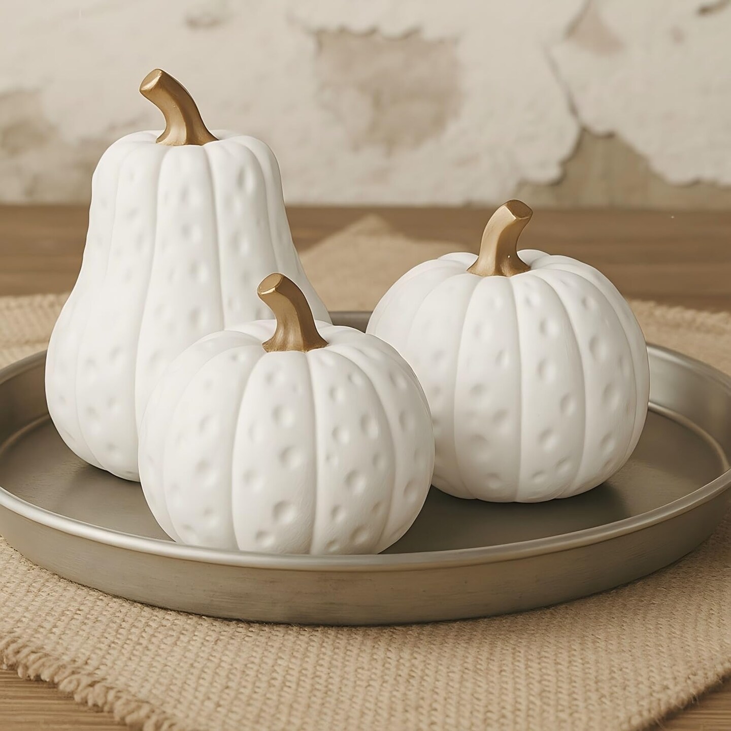 3 Pcs White and Gold Resin Pumpkin Decor, Elegant Artificial Fall