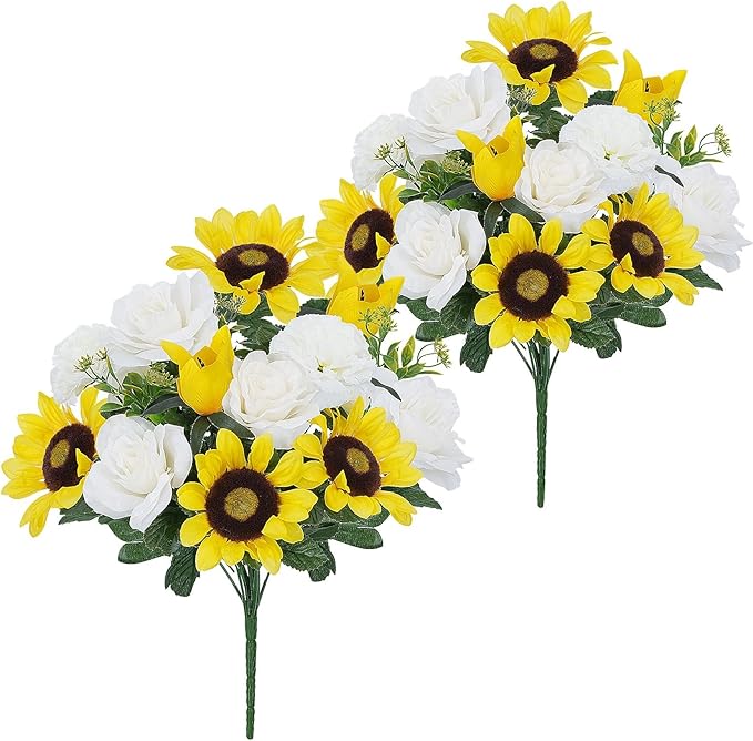17.7Inch Silk Yellow Sunflowers Artificial 2 Bundles - White Faux Spring Carnations & Roses, Fake Summer Outdoor Grave Flowers for Cemetery, Table Centerpieces