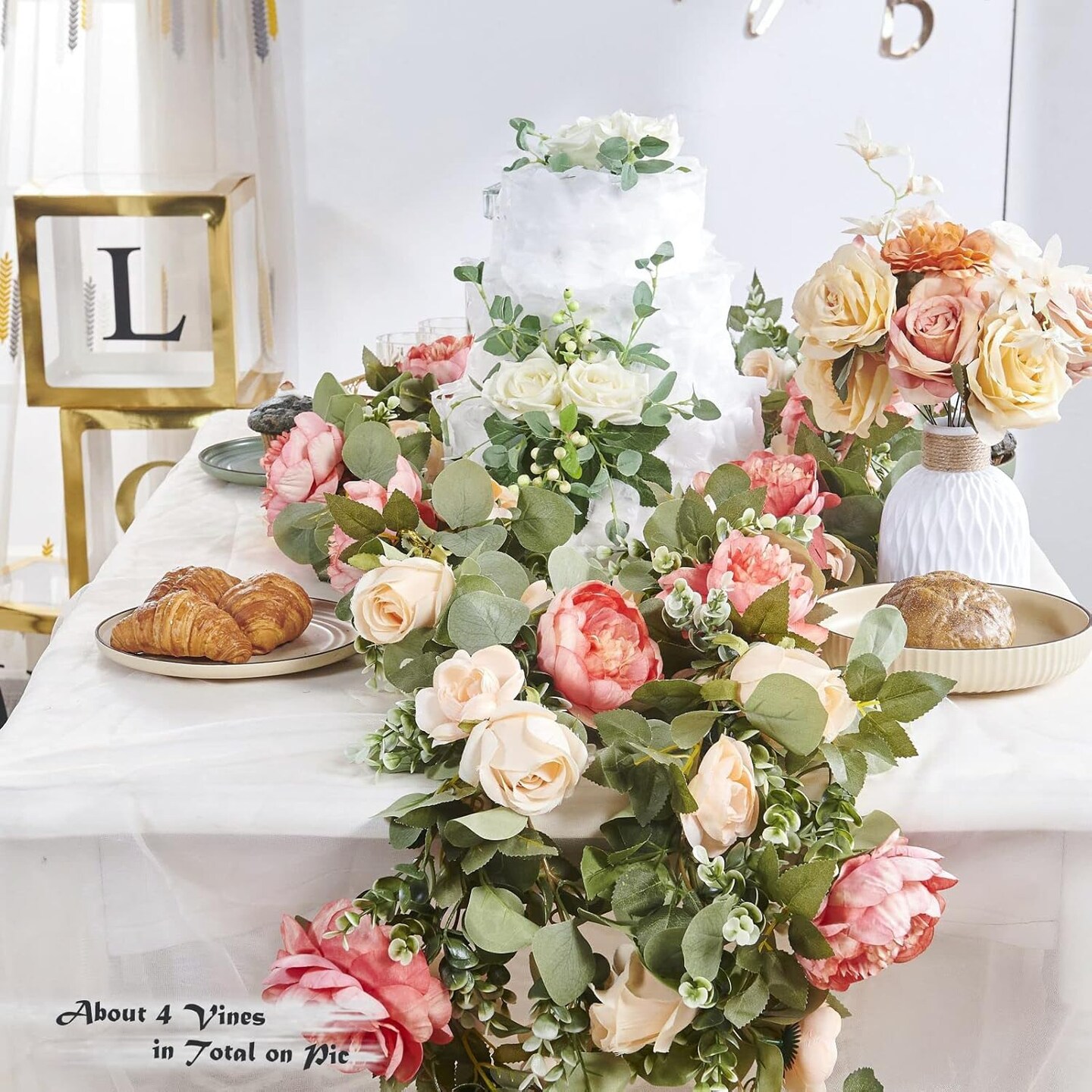 Flower Garland – Artificial Rose Vine with Hanging Fake Roses for Wedding, Birthday, Valentine’s, Christmas & Room/Wall/Arch Decor (2 Off-White & 1 Dark Pink)