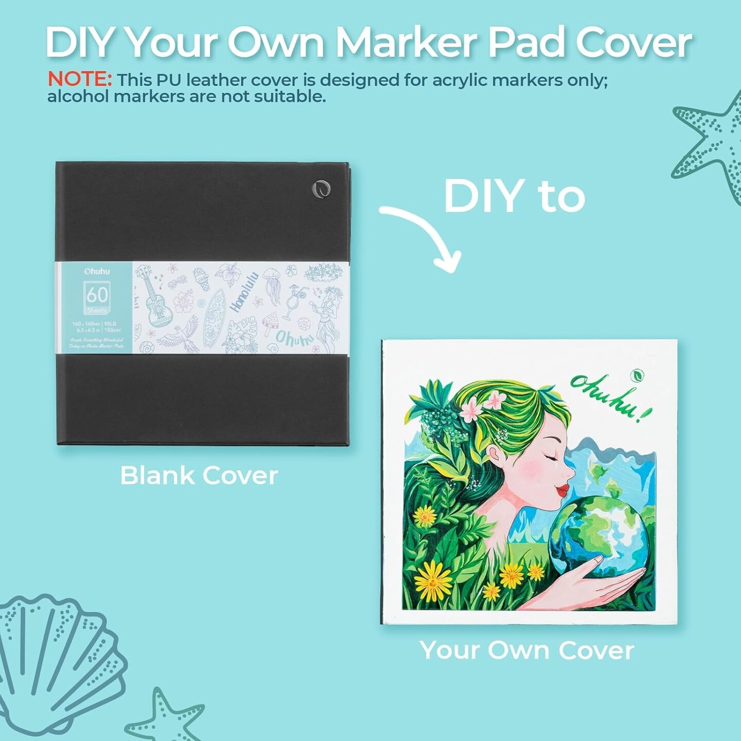 Ohuhu Double-Sided Marker Pad Art Sketchbook Bleedproof - 6.3&#x22;x6.3&#x22; Small Square Paper Size - 90 lb/150 GSM Smooth Drawing Paper - 60 Sheets/120 Pages - Hardcover Sketching Book for Alcohol Markers