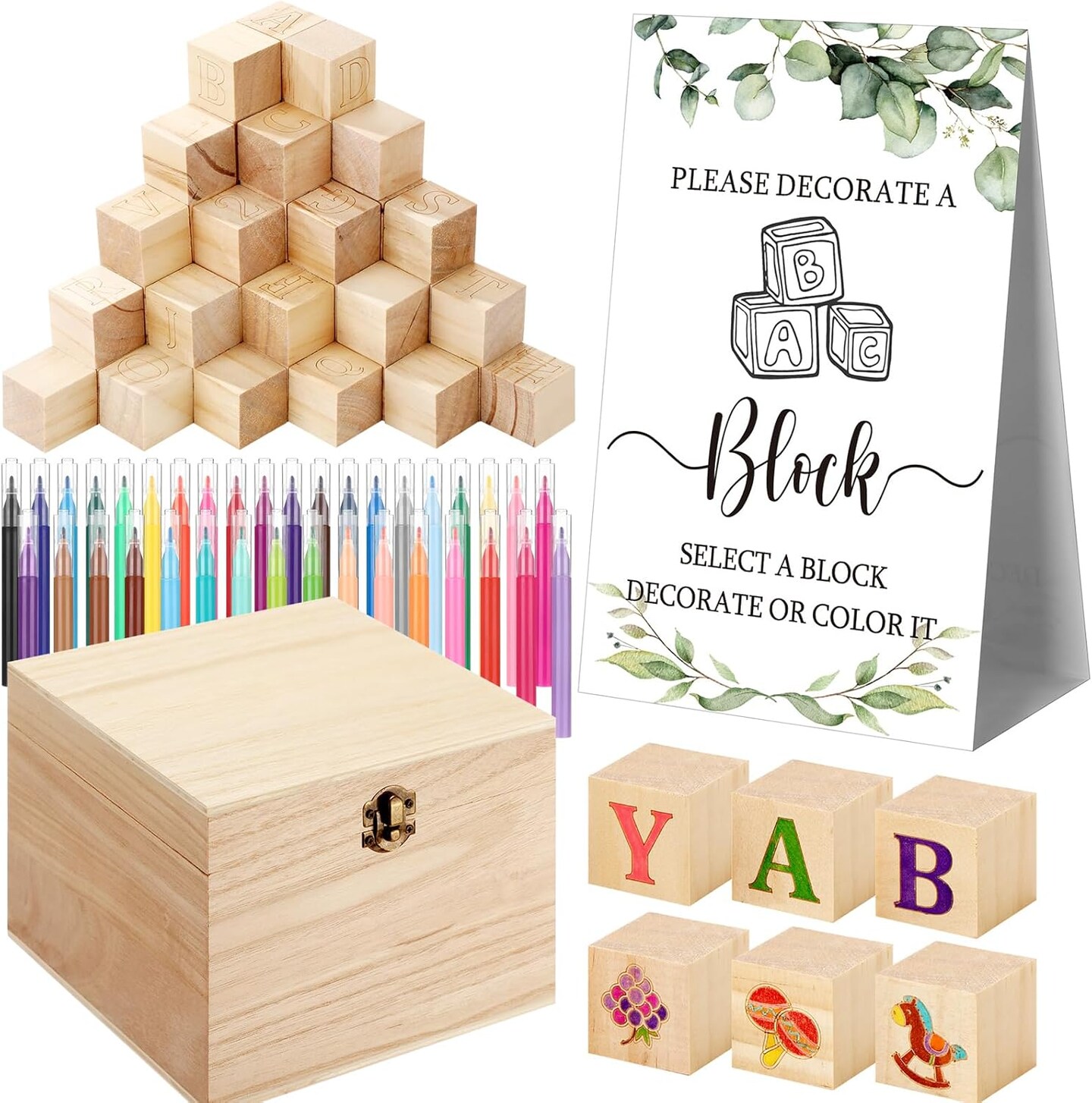 136 Pcs Baby Shower Blocks to Decorate Game Kit Includes 98 Wooden Blocks, 36 Markers, 1 Game Sign, 1 Storage Box for Baby Shower Gender Reveal Activity Party Decorations(Leaf)