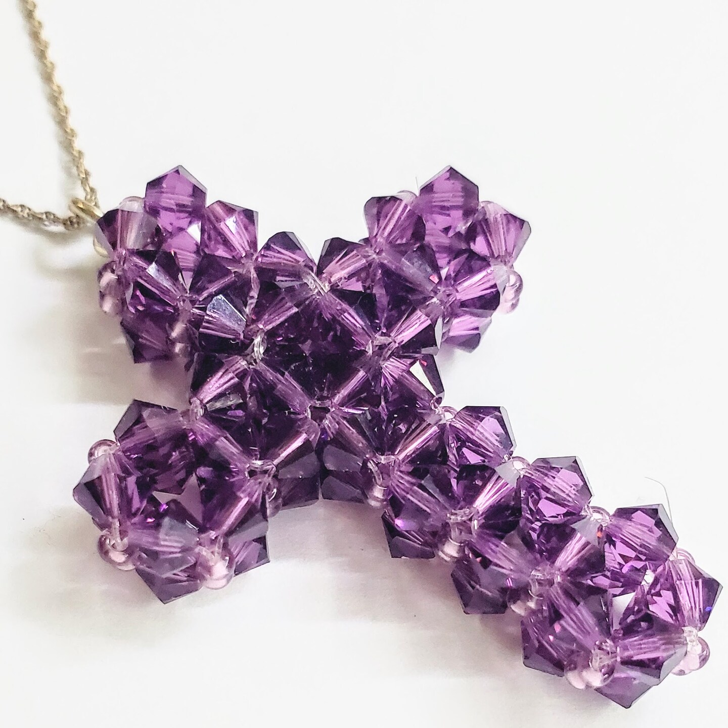 Handmade 3D Bead-Woven Purple Velvet Swarovski Crystal Cross