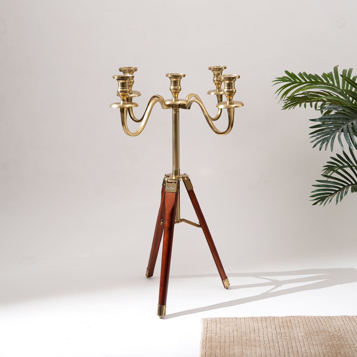 Elegant Tripod Candle Holder | Gold Polished Aluminum with Wood Detailing (17x17x31")
