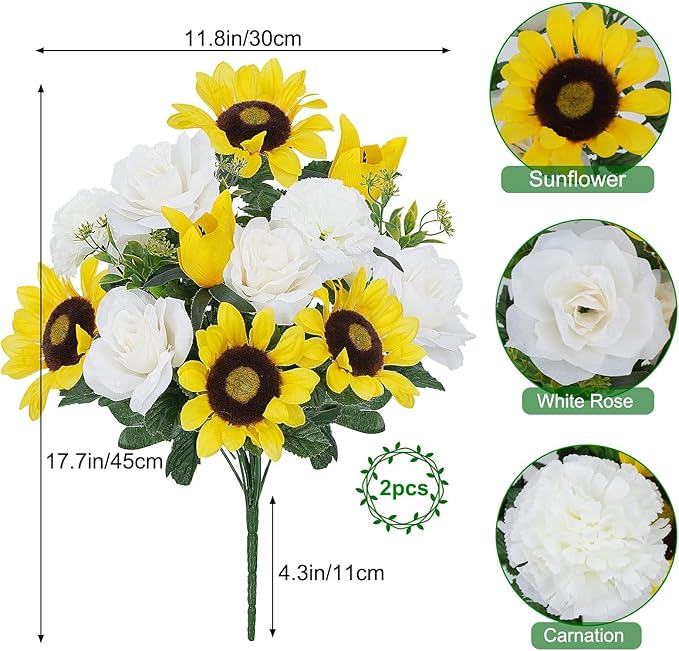 17.7Inch Silk Yellow Sunflowers Artificial 2 Bundles - White Faux Spring Carnations & Roses, Fake Summer Outdoor Grave Flowers for Cemetery, Table Centerpieces
