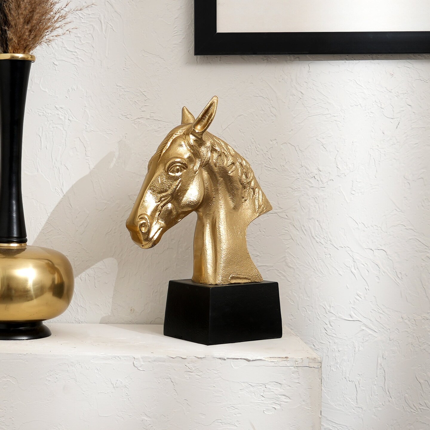 Graceful Gold Polished Aluminum Horse Sculpture on Black Base – 10x6x10.75" | Table Décor Animal Figurine