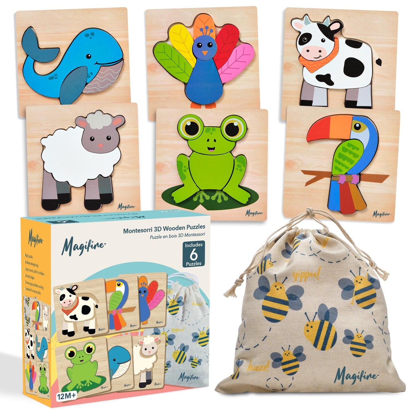 Magifire Wooden Puzzles, Set of 6 Puzzle Toys for Kids Toddlers 1–3, Baby Educational Animal Toys with Chunky Pieces & Bag for Easter - Whale, Peacock, Woodpecker, Cow, Sheep, Frog