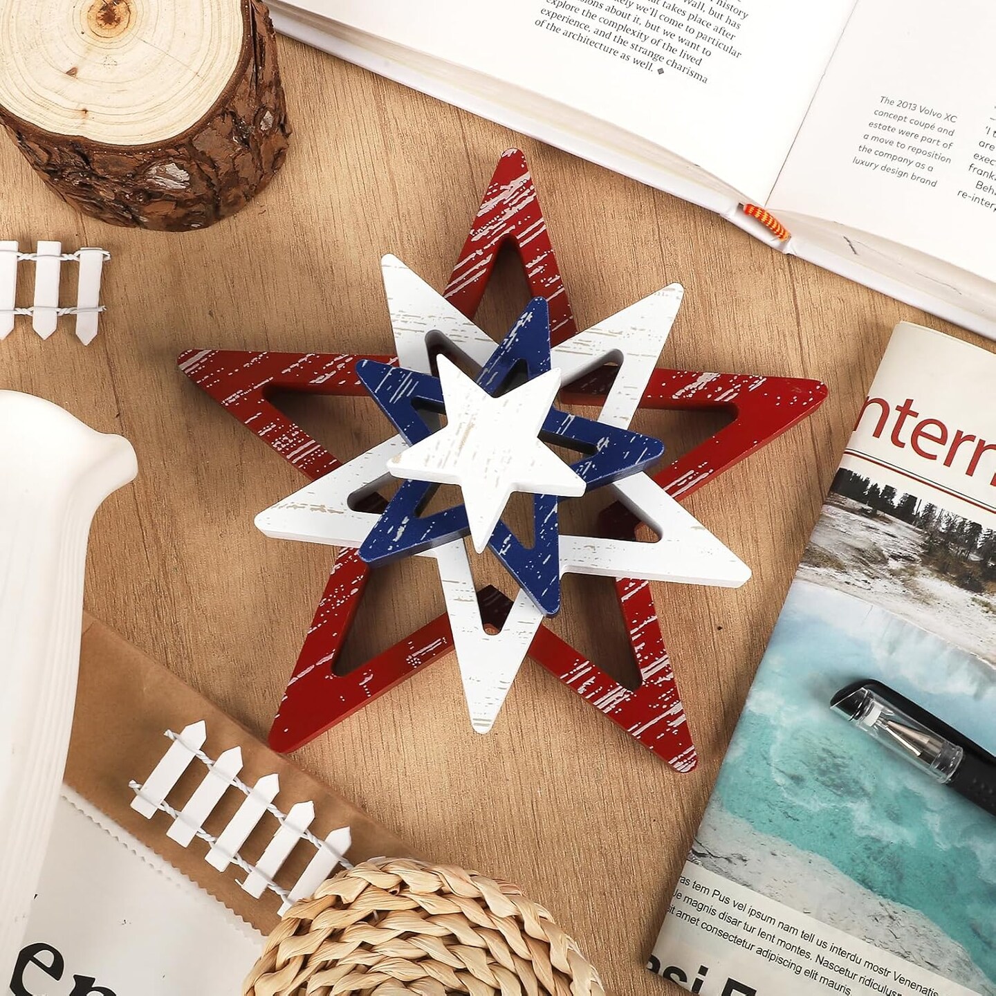 4th of July Decorations – Set of 4 Red, White & Blue Stars, Patriotic Tiered Tray Decor for Memorial Day, Labor Day, Home, Office, Table, or Shelf (Retro Solid)