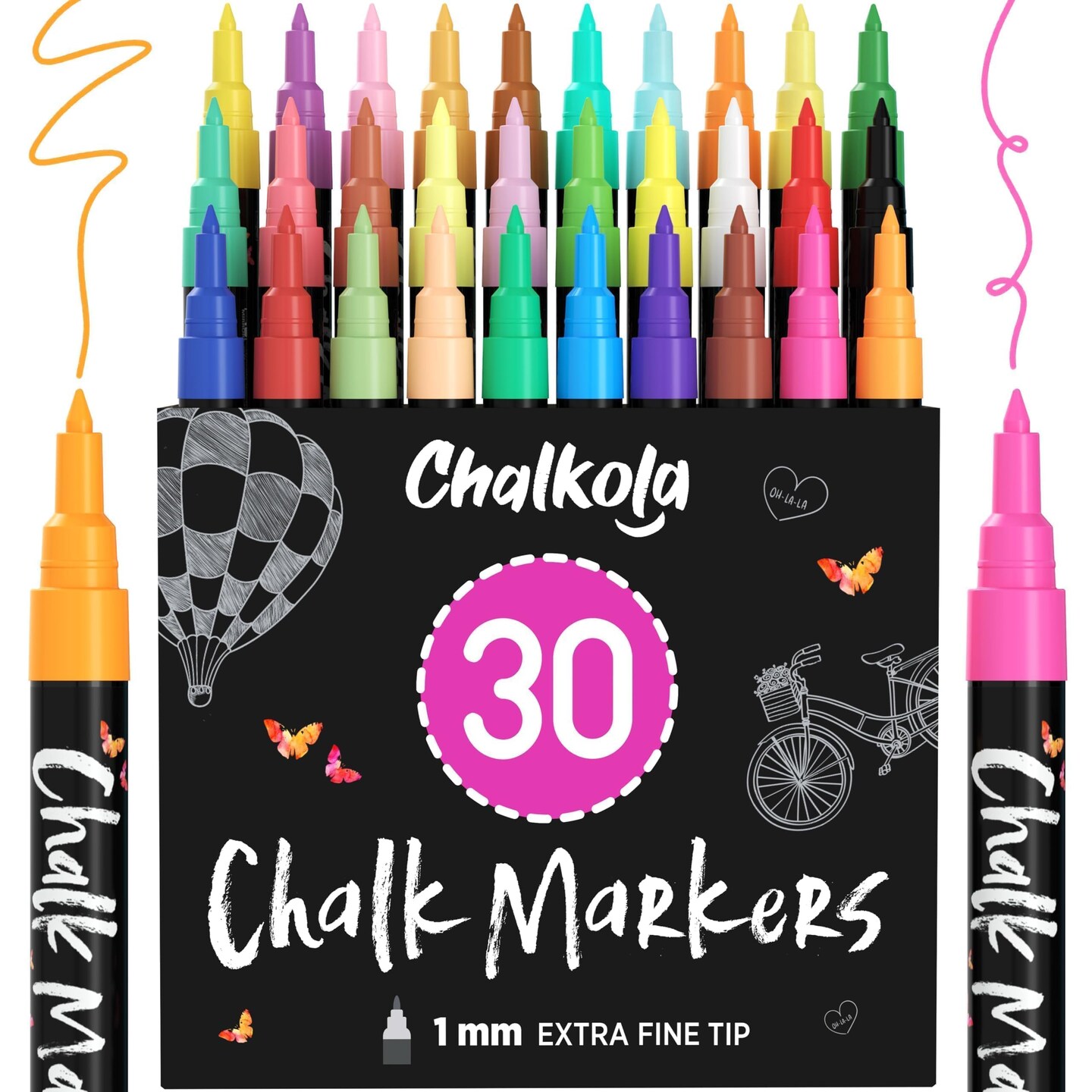 Extra Fine Tip Liquid Chalk Markers for Blackboard (30 Pack 1mm) Pastel + Neon Chalk Pens - Erasable Dry Erase Marker for Chalkboard, Blackboards, Window, Bistro, Car - Fine Tip Chalkboard Markers