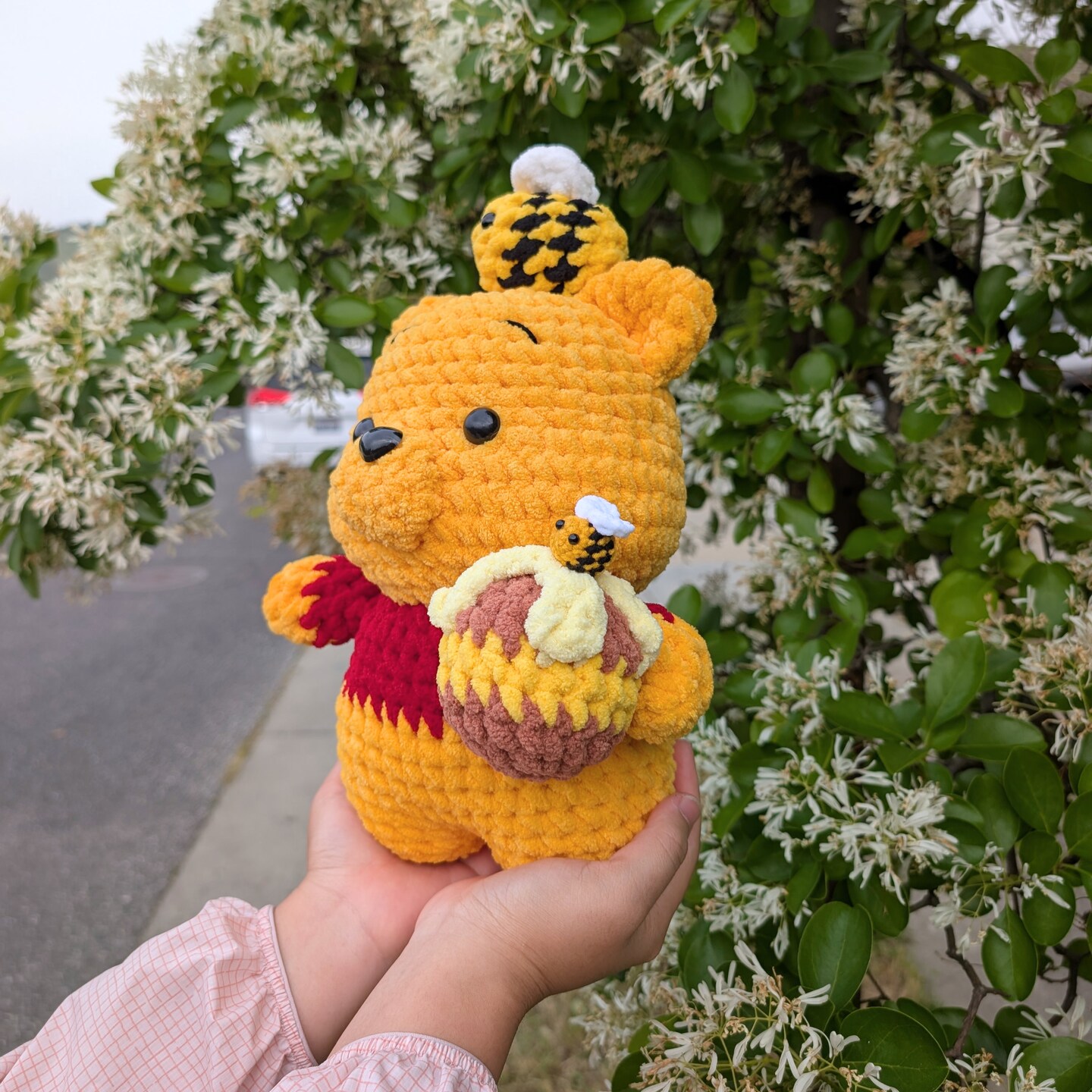 Bear with Honey Pot Crochet Plush – Handmade Yellow Tiny Red Shirt