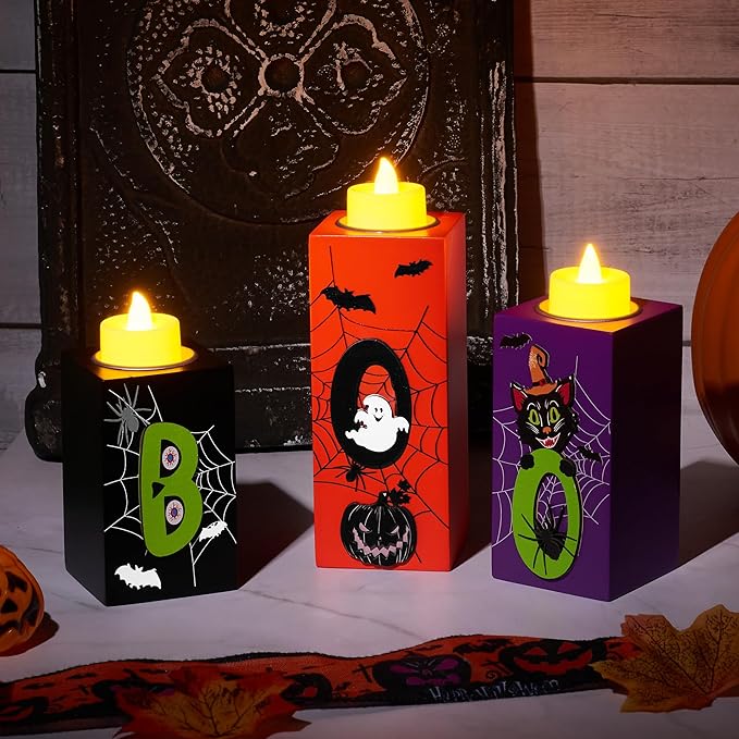 3 PCS Halloween Wood Candle Holders with LED Tea Lights &#x26; 3D Carving Craft, Wood Candle Centerpieces for Home, Table, Office, Tiered Tray, D&#xE9;cor, Black Orange Purple