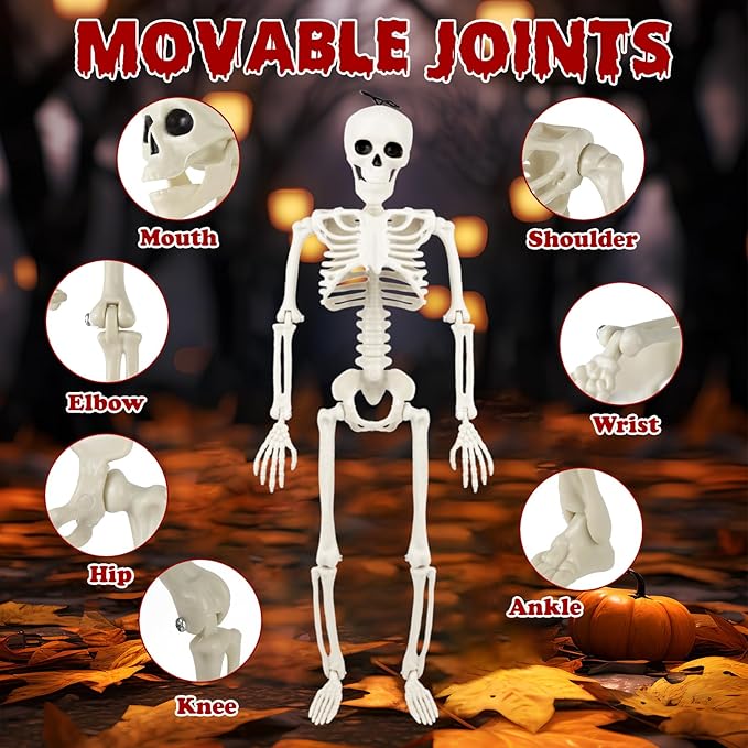 6 Pack Halloween Skeleton Decorations Outdoor: 16" Halloween Full Body Skeleton with Movable Posable Joints - Spooky Skeleton for Yard Garden Lawn Haunted House Graveyard Props Decor