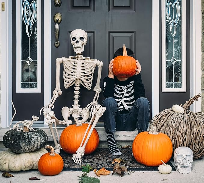 Halloween Skeleton Decorations, 2.95ft Life Size Posable Skeleton, Large Full Body Skeleton, Realistic Child Skeleton for Halloween Outdoor Indoor Party Decor Haunted House Graveyard
