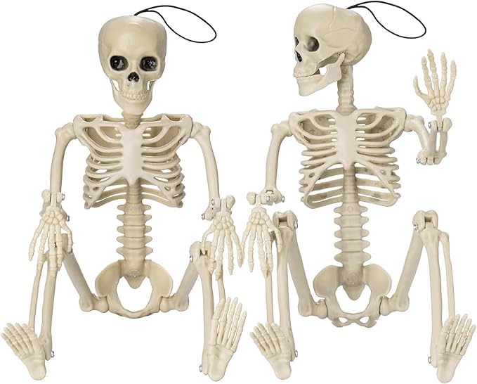 2 Pack Posable Halloween Skeleton, 16" Full Body Halloween Skeleton Decor with Movable Joints, Small Skeleton Halloween Decor, Halloween Party Indoor Decorations