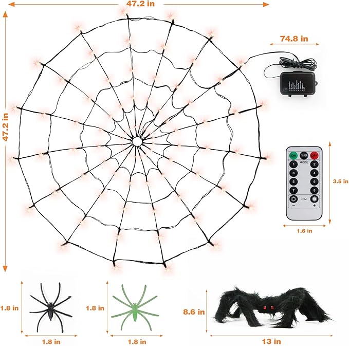 Spider Web Lights Decoration 4 FT Diameter+80 Led+1 Big Black Spider+10 Small Spiders+8 Lighting Modes, Outdoor Indoor Battery Operated Halloween Lights