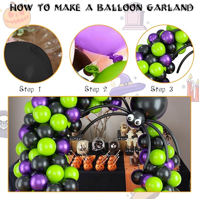 Halloween Balloon Arch Garland Kit with Big Spider DIY Balloons, Matte Black Lime Green Purple Metallic Latex Balloons Garland with Eye Balloons for Halloween Party Home Garden Outdoor Decorations