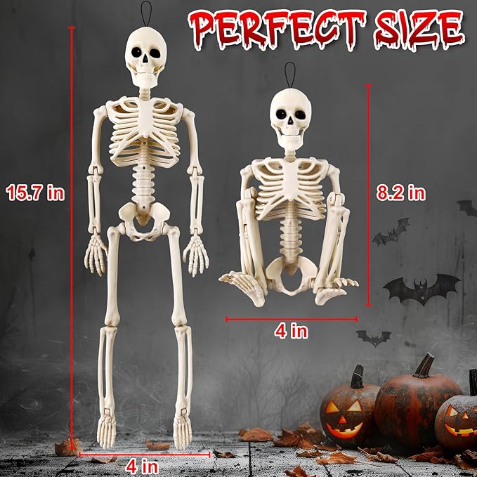 16" Poseable Skeletons with Full Body Movable Joints, Indoor and Outdoor Spooky Décor for Halloween Parties, Haunted Houses, and Yard Decorations