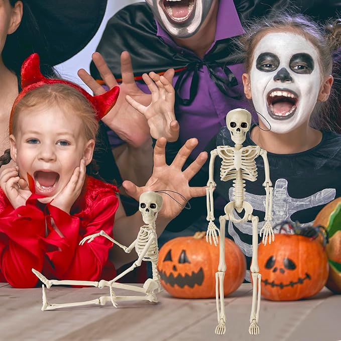 2 Pack Posable Halloween Skeleton, 16&#x22; Full Body Halloween Skeleton Decor with Movable Joints, Small Skeleton Halloween Decor, Halloween Party Indoor Decorations