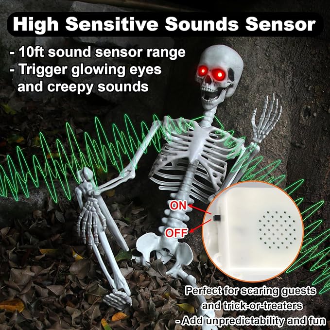 Halloween Hanging Posable Skeleton - 3FT Halloween Prop Skull with LED Glowing Eyes and Creepy Shrilling Sound - Sound Activated Outdoor Halloween Decorations Skeleton Decoration