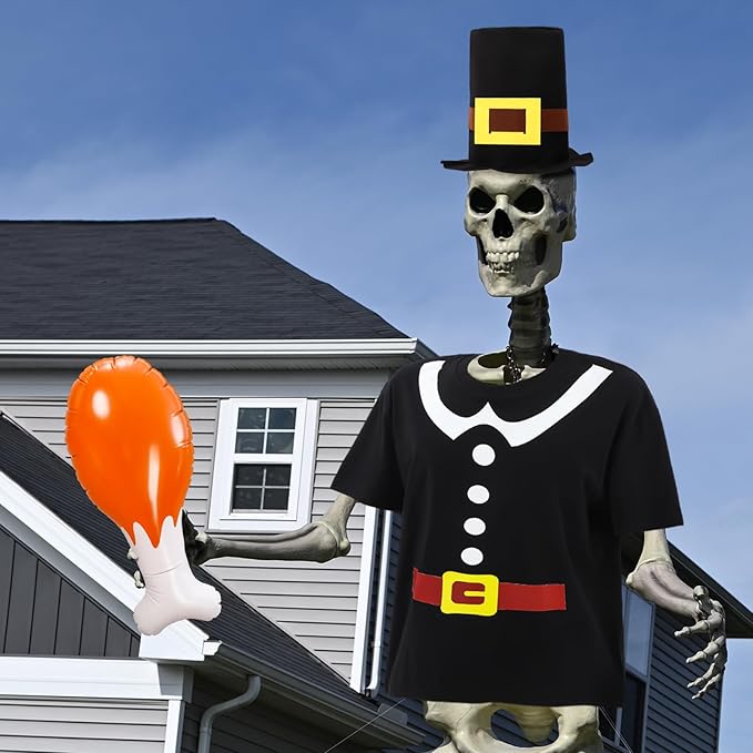 12 ft Giant Sized Skeleton Costume Set Extra Large Shirt and Hat Inflatable Turkey Leg for Garden Lawn Outdoor Decor (Skeleton Not Included) (Pligrim)